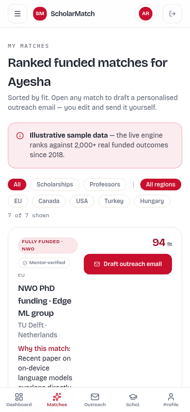 ScholarMatch — ranked funded matches on a phone