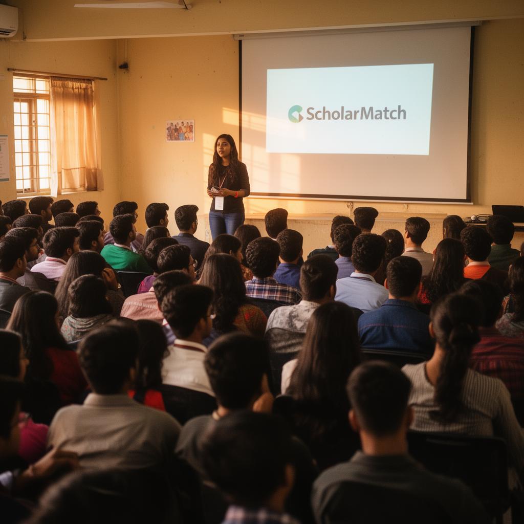 ScholarMatch divisional event in Bangladesh — packed auditorium of students